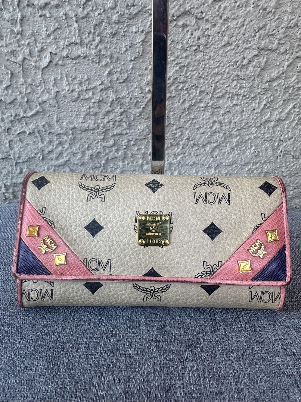MCM Beige Visetos Trifold Wallet with Pink and Navy Accents